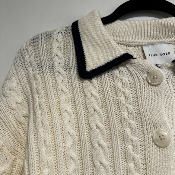 NWT Pink Rose Preppy Cream & Navy  Cable Knit Collared Cardigan. Ribbed Hem. S - Picture 11 of 16